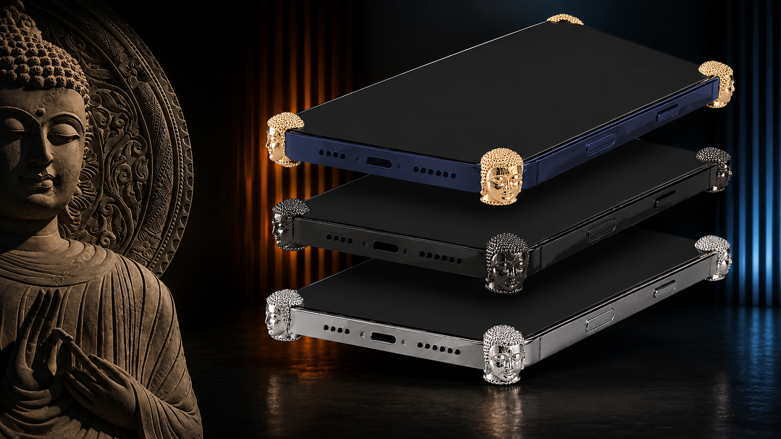 iPhones wearing Corners4 Buddha ICONS, the sculpted faces catching the light at each corner