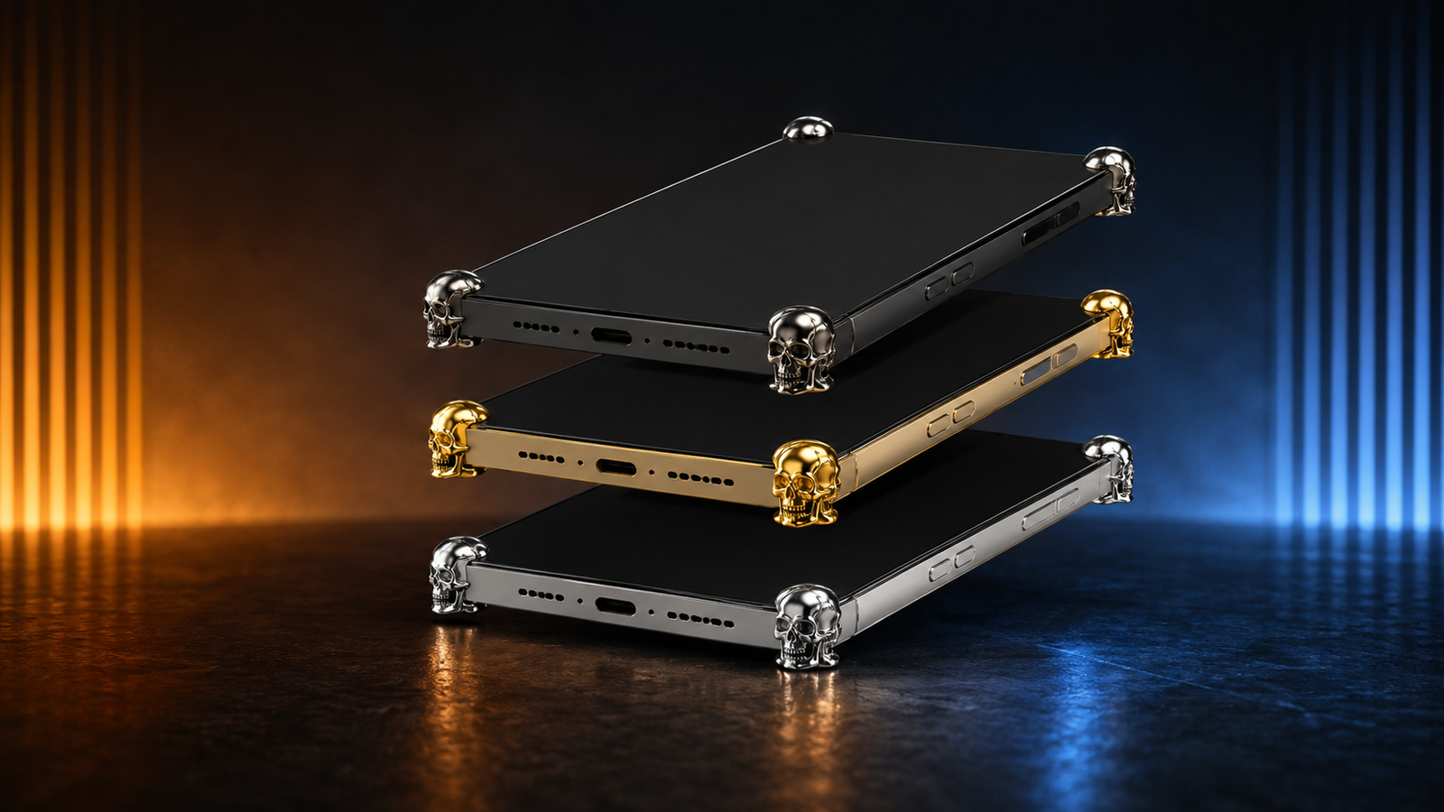 Three iPhones stacked, each wearing Corners4 Skull ICONS in carbon, gold and silver