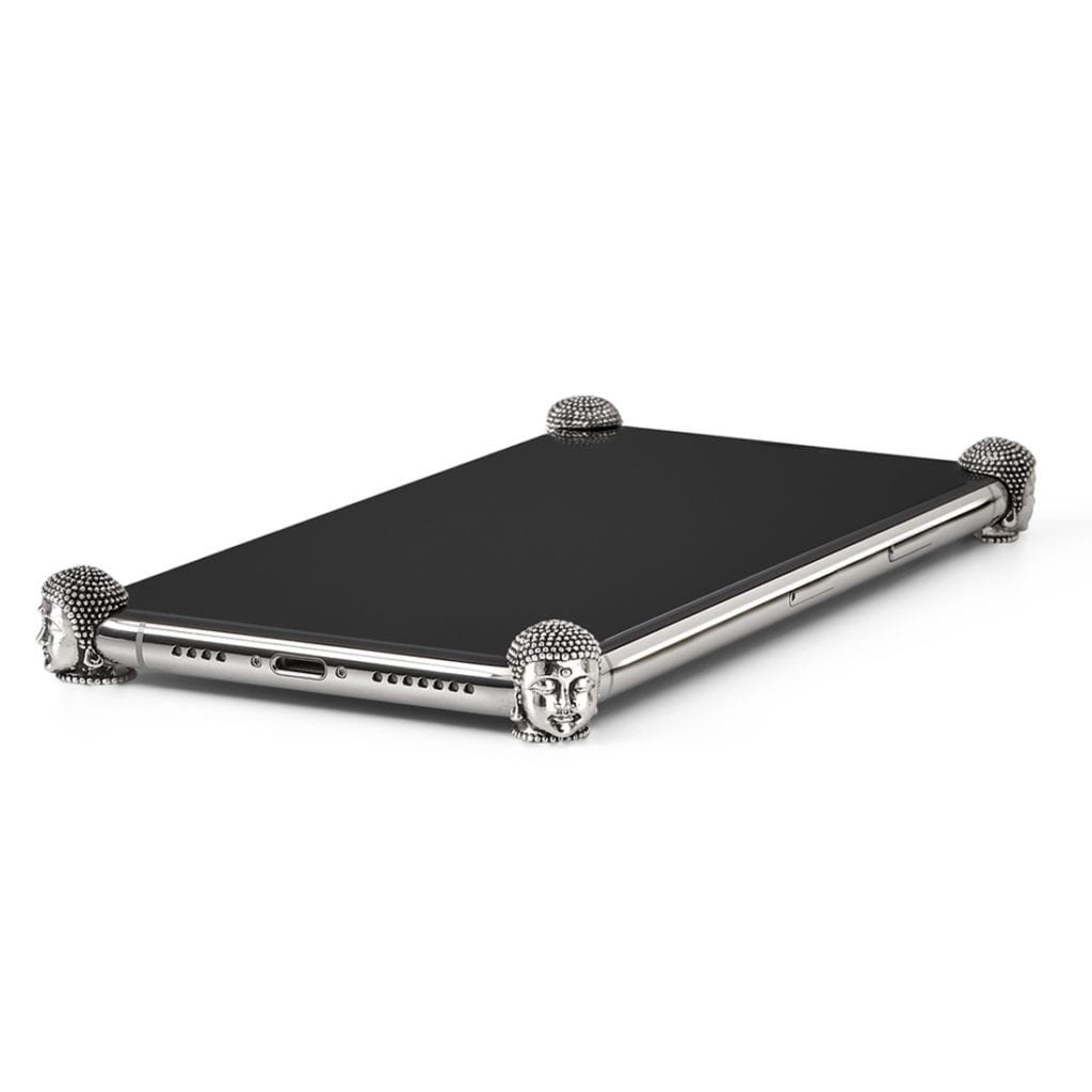 Silver Buddha ICONS installed on all four corners of a bare iPhone 11 Pro / Pro Max