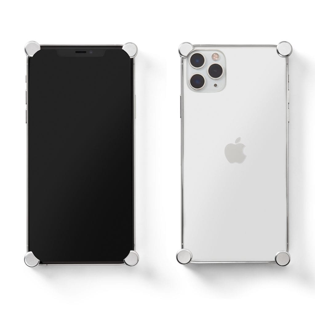 Silver Original CORNERS installed on all four corners of a bare iPhone 11 Pro / Pro Max