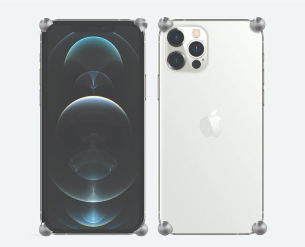 Silver Original CORNERS installed on all four corners of a bare iPhone 12 / 12 Pro / Max / mini