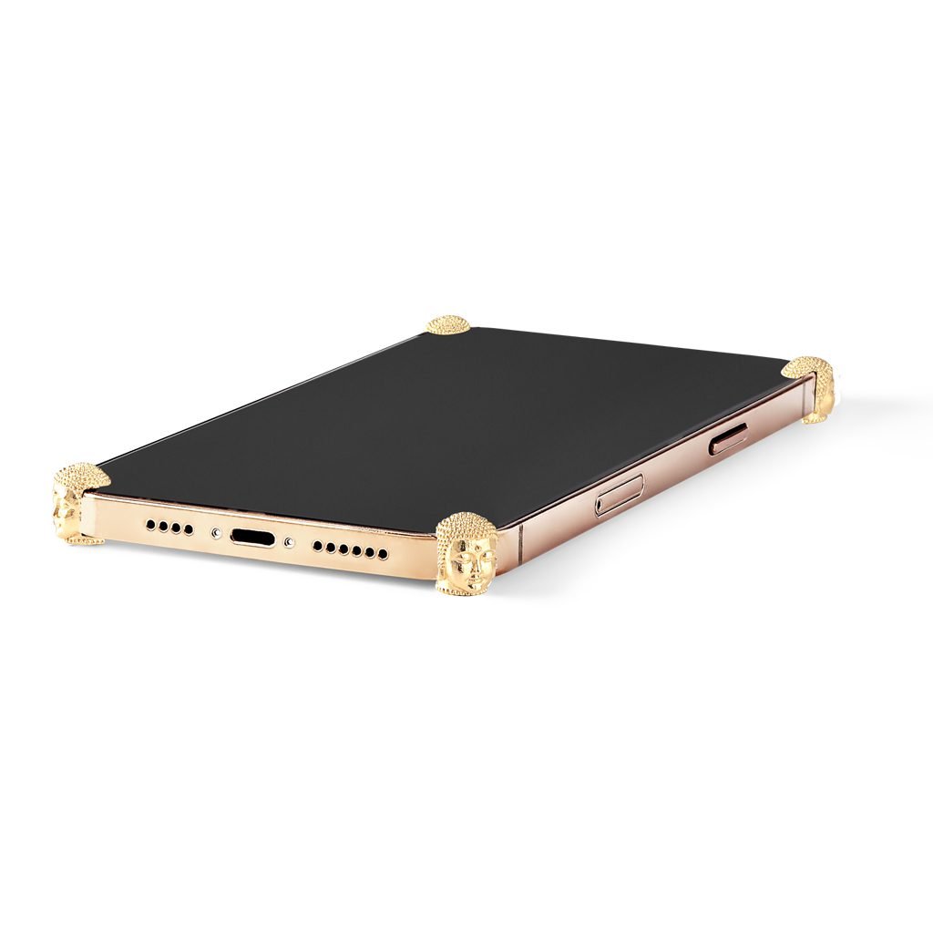 Gold Buddha ICONS installed on all four corners of a bare iPhone 13 / 13 Pro / 13 Pro Max