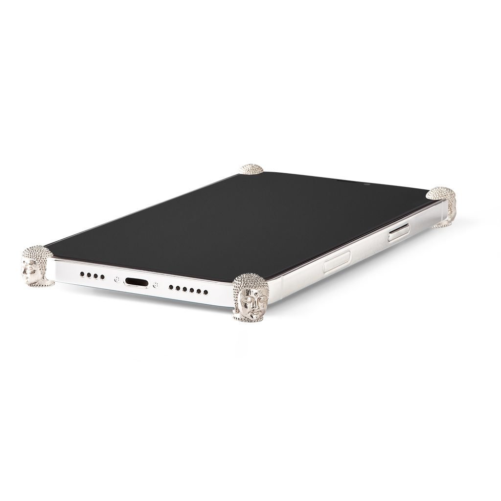 Silver Buddha ICONS installed on all four corners of a bare iPhone 13 / 13 Pro / 13 Pro Max