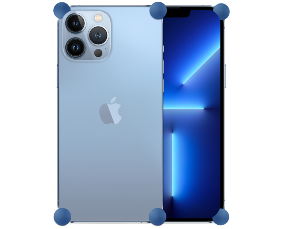 Blue Original CORNERS installed on all four corners of a bare iPhone 13 / 13 Pro / 13 Pro Max