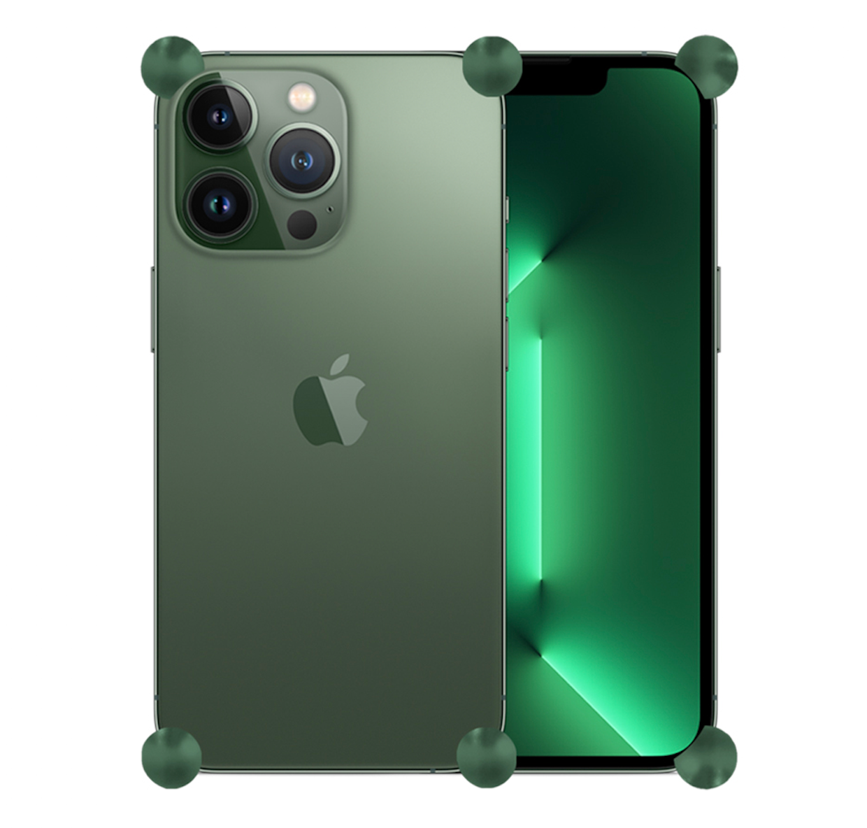 Olive Original CORNERS installed on all four corners of a bare iPhone 13 / 13 Pro / 13 Pro Max