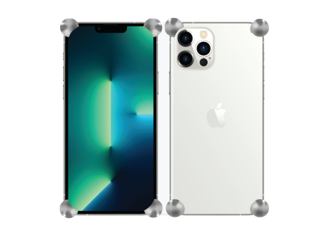 Silver Original CORNERS installed on all four corners of a bare iPhone 13 / 13 Pro / 13 Pro Max