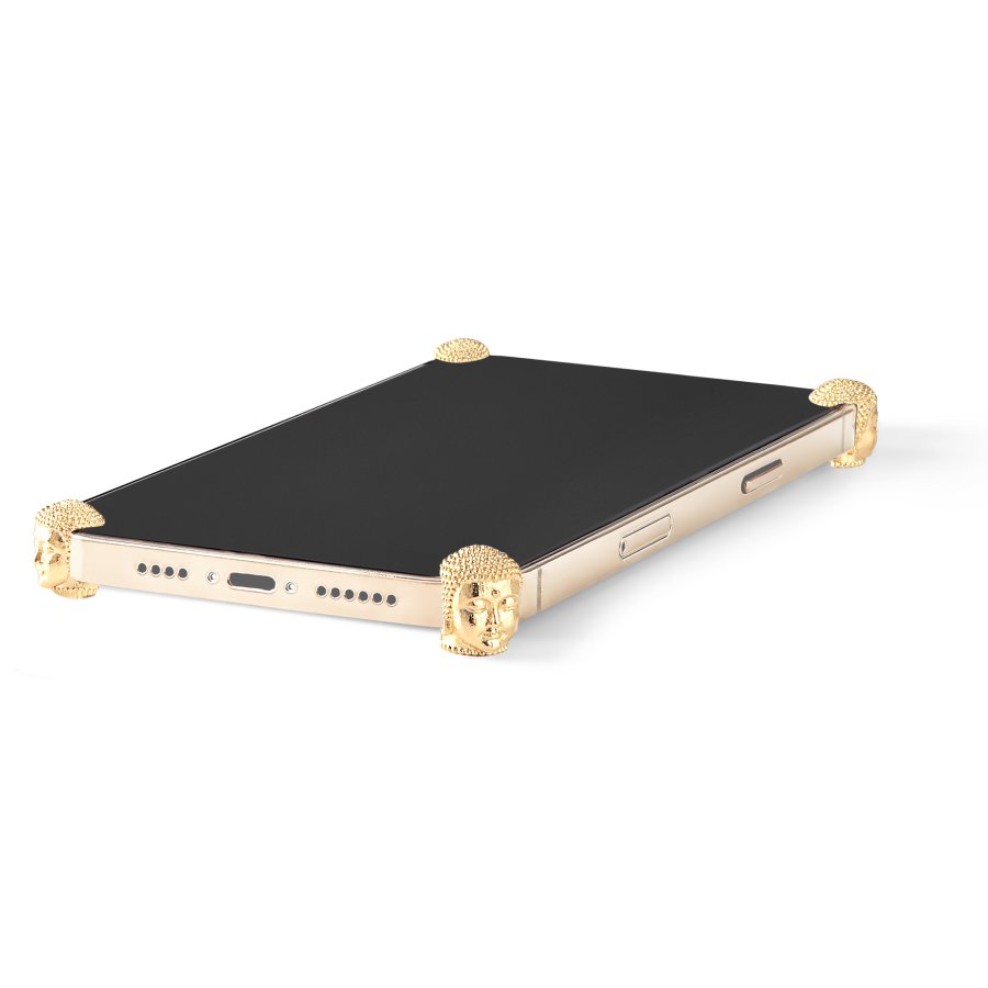Gold Buddha ICONS installed on all four corners of a bare iPhone 14 Pro / Pro Max