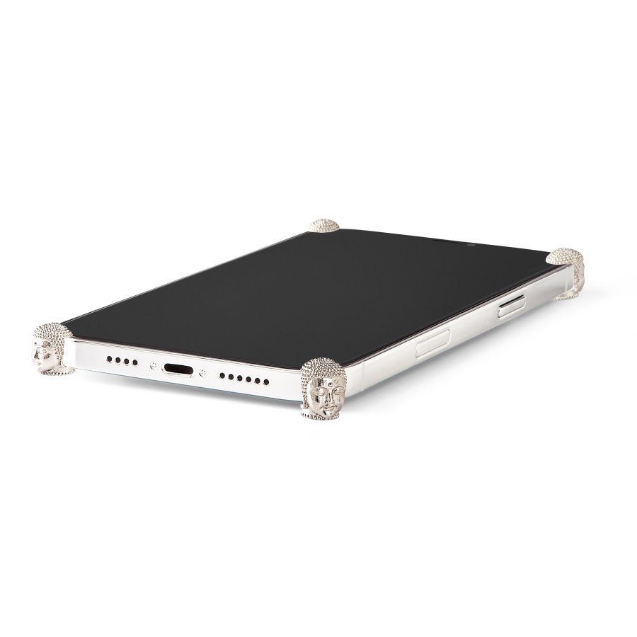 Silver Buddha ICONS installed on all four corners of a bare iPhone 14 Pro / Pro Max