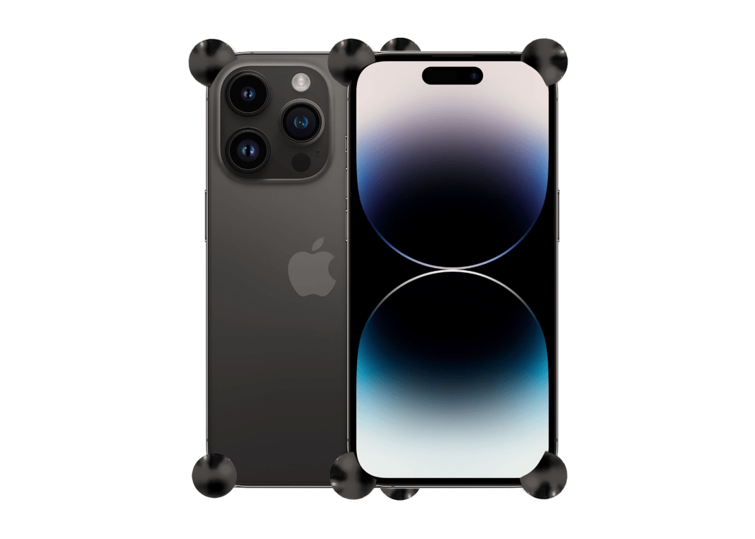 Carbon Original CORNERS installed on all four corners of a bare iPhone 14 Pro / Pro Max