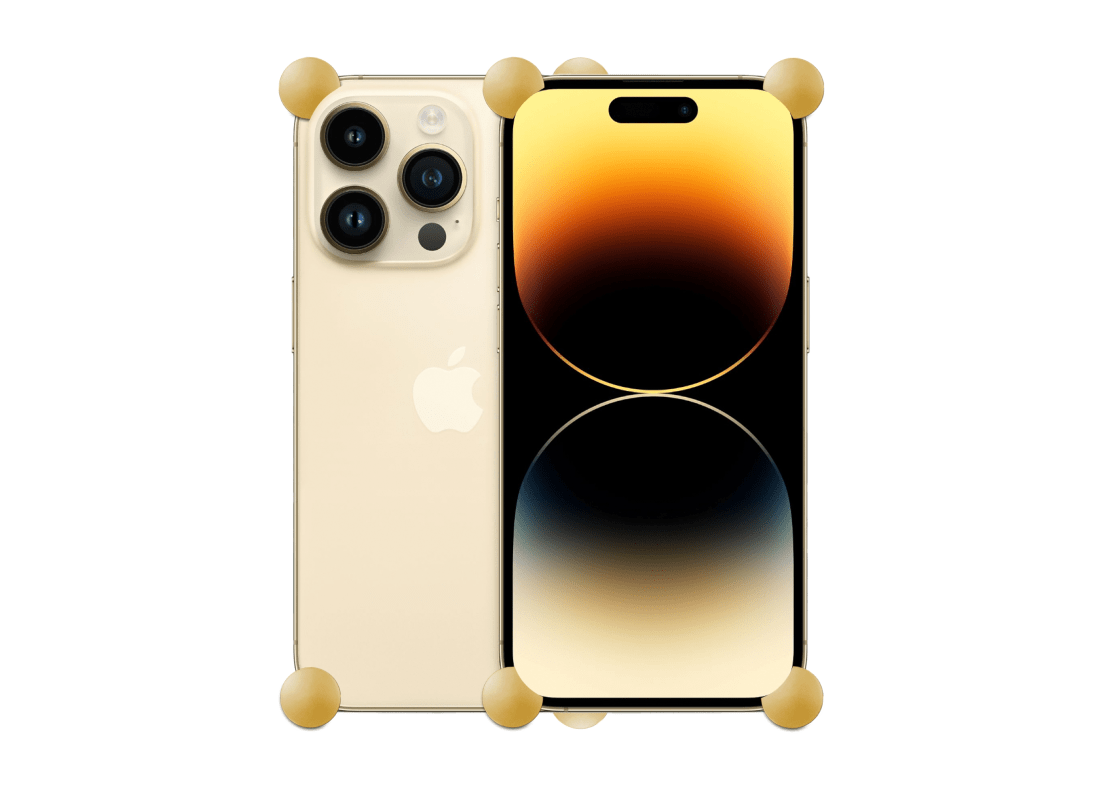Gold Original CORNERS installed on all four corners of a bare iPhone 14 Pro / Pro Max