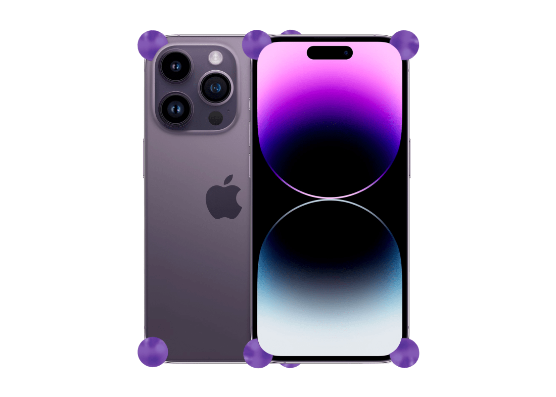 Iris Purple Original CORNERS installed on all four corners of a bare iPhone 14 Pro / Pro Max