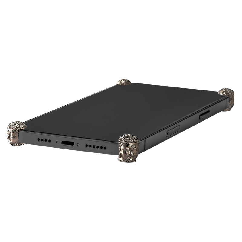 Carbon Buddha ICONS installed on all four corners of a bare iPhone 15 Pro / Pro Max