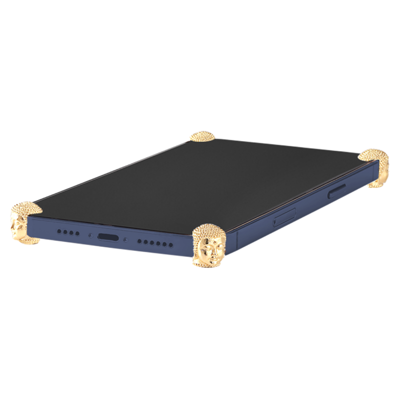 Gold Buddha ICONS installed on all four corners of a bare iPhone 15 Pro / Pro Max