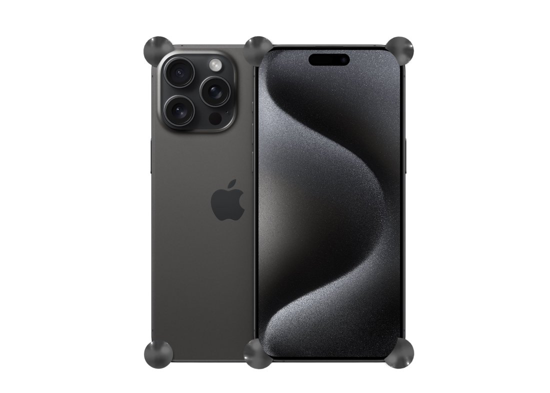 Carbon Original CORNERS installed on all four corners of a bare iPhone 15 Pro / Pro Max