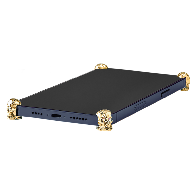 Gold Skull ICONS installed on all four corners of a bare iPhone 15 Pro / Pro Max