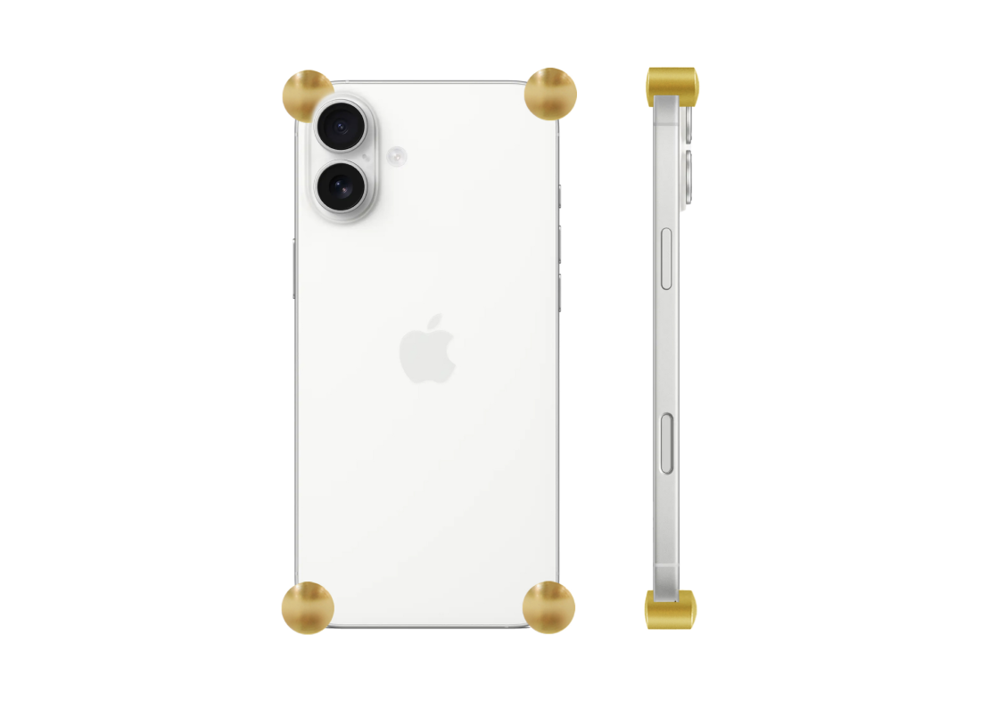 Gold Original CORNERS installed on all four corners of a bare iPhone 16 / 16 Plus