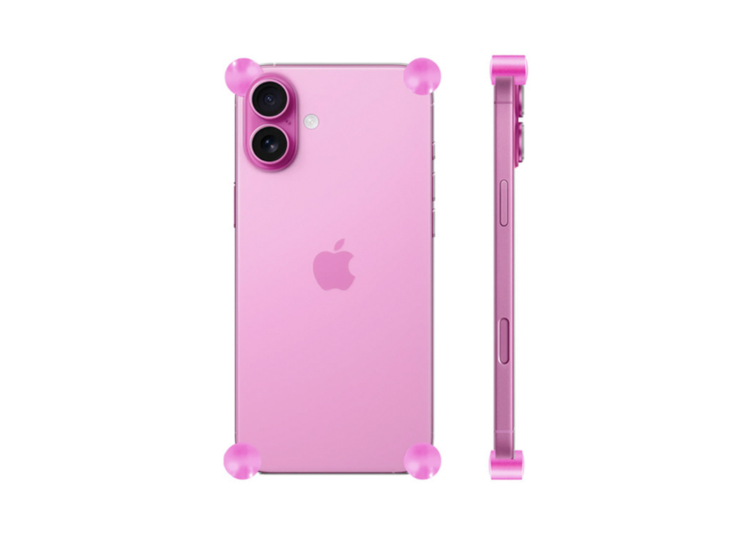 Pink Original CORNERS installed on all four corners of a bare iPhone 16 / 16 Plus