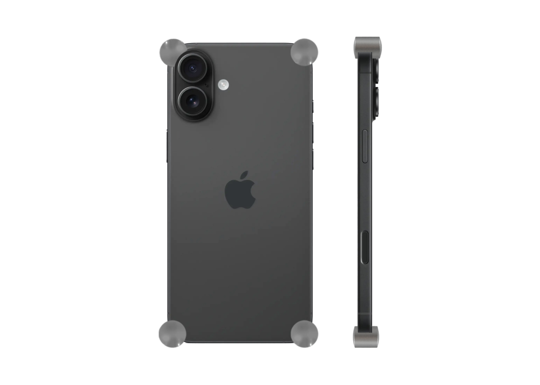 Titanium Original CORNERS installed on all four corners of a bare iPhone 16 / 16 Plus