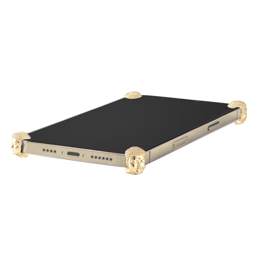 Gold Buddha ICONS installed on all four corners of a bare iPhone 16 Pro / Pro Max