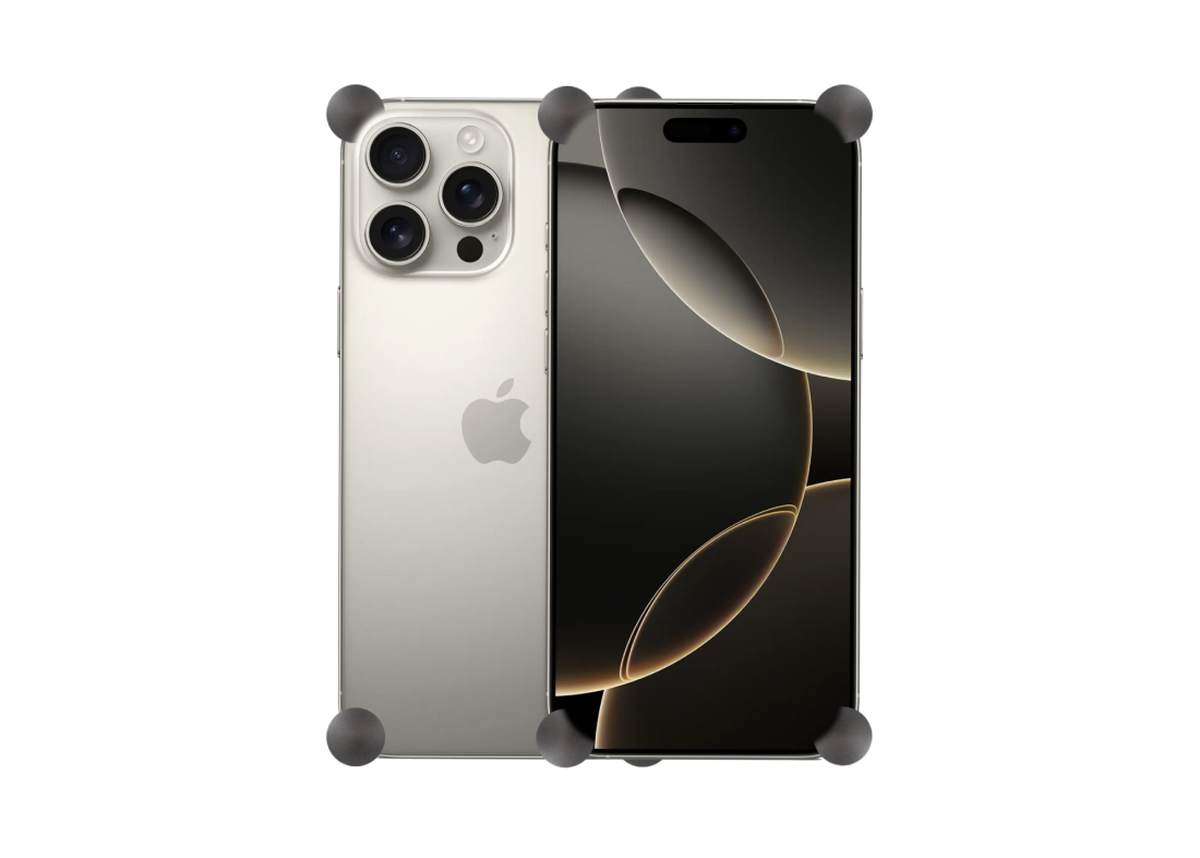 Carbon Original CORNERS installed on all four corners of a bare iPhone 16 Pro / Pro Max