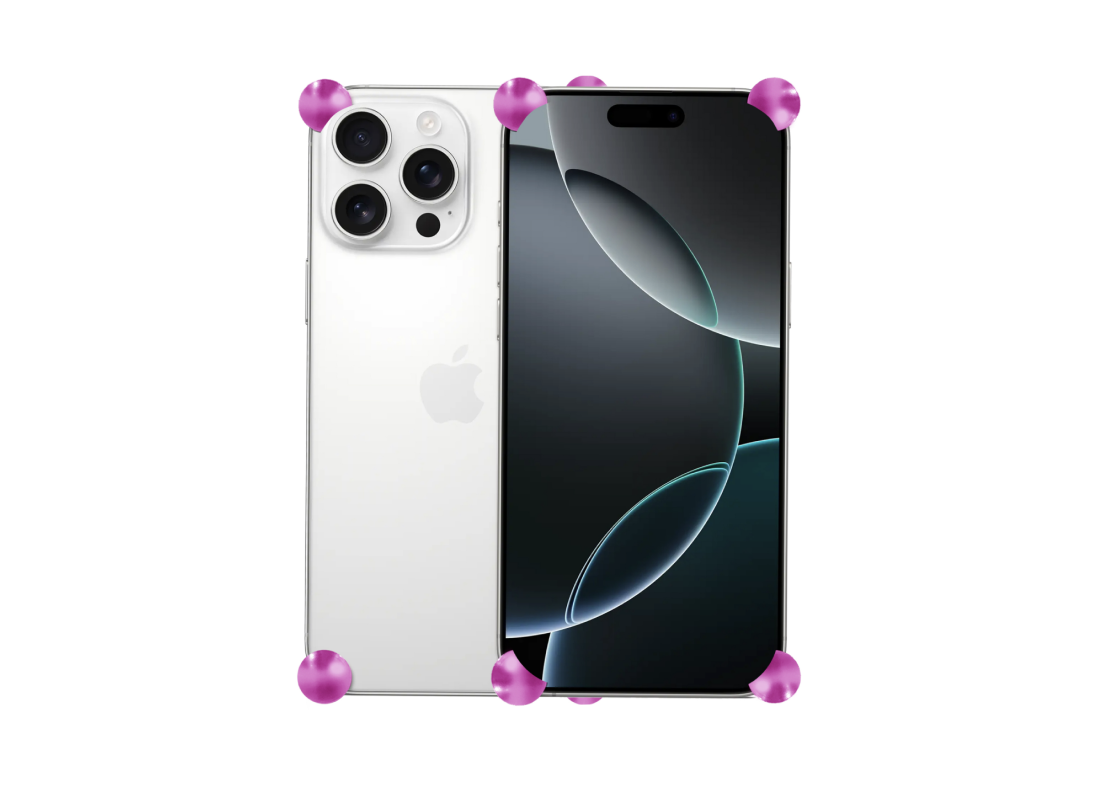 Pink Original CORNERS installed on all four corners of a bare iPhone 16 Pro / Pro Max