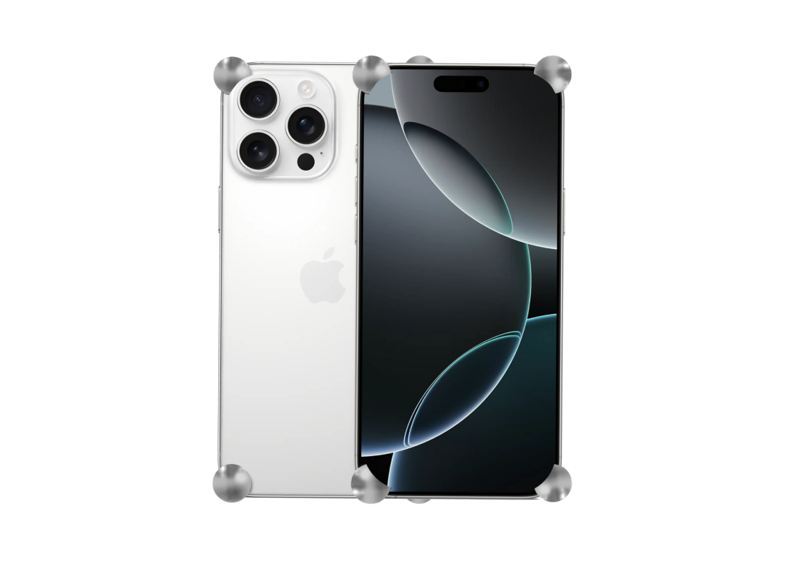 Silver Original CORNERS installed on all four corners of a bare iPhone 16 Pro / Pro Max