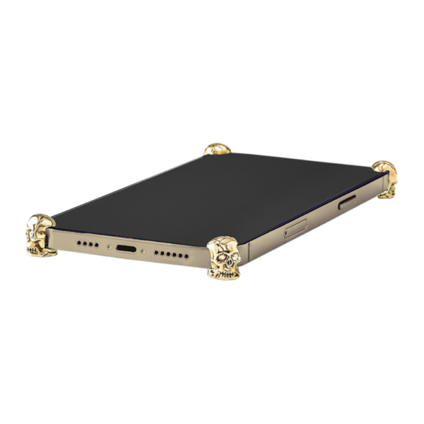 Gold Skull ICONS installed on all four corners of a bare iPhone 17 Pro / Max