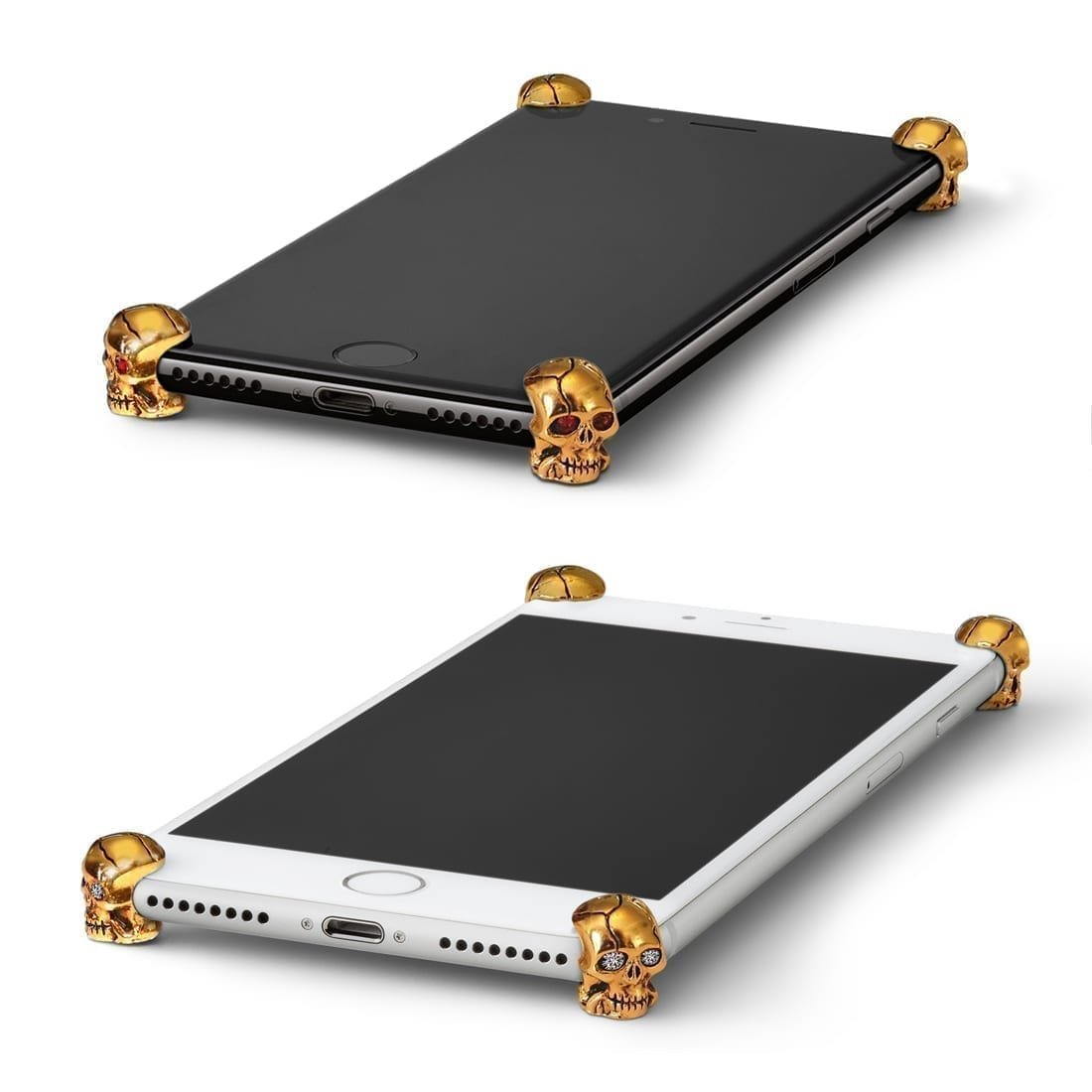 Gold Skull ICONS installed on all four corners of a bare iPhone SE (2nd gen)