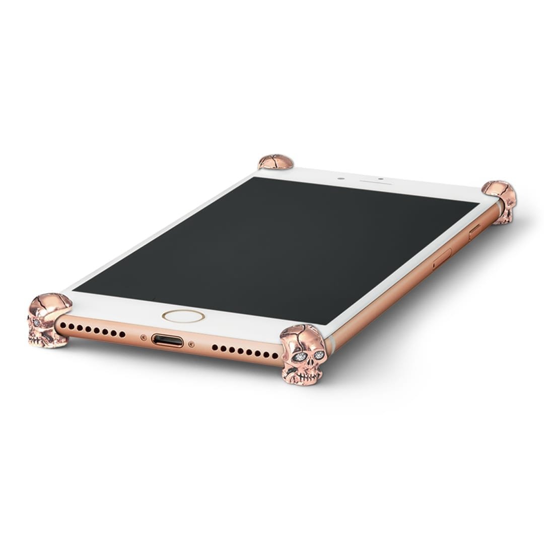 Rose Gold Skull ICONS installed on all four corners of a bare iPhone X / XS / XS Max
